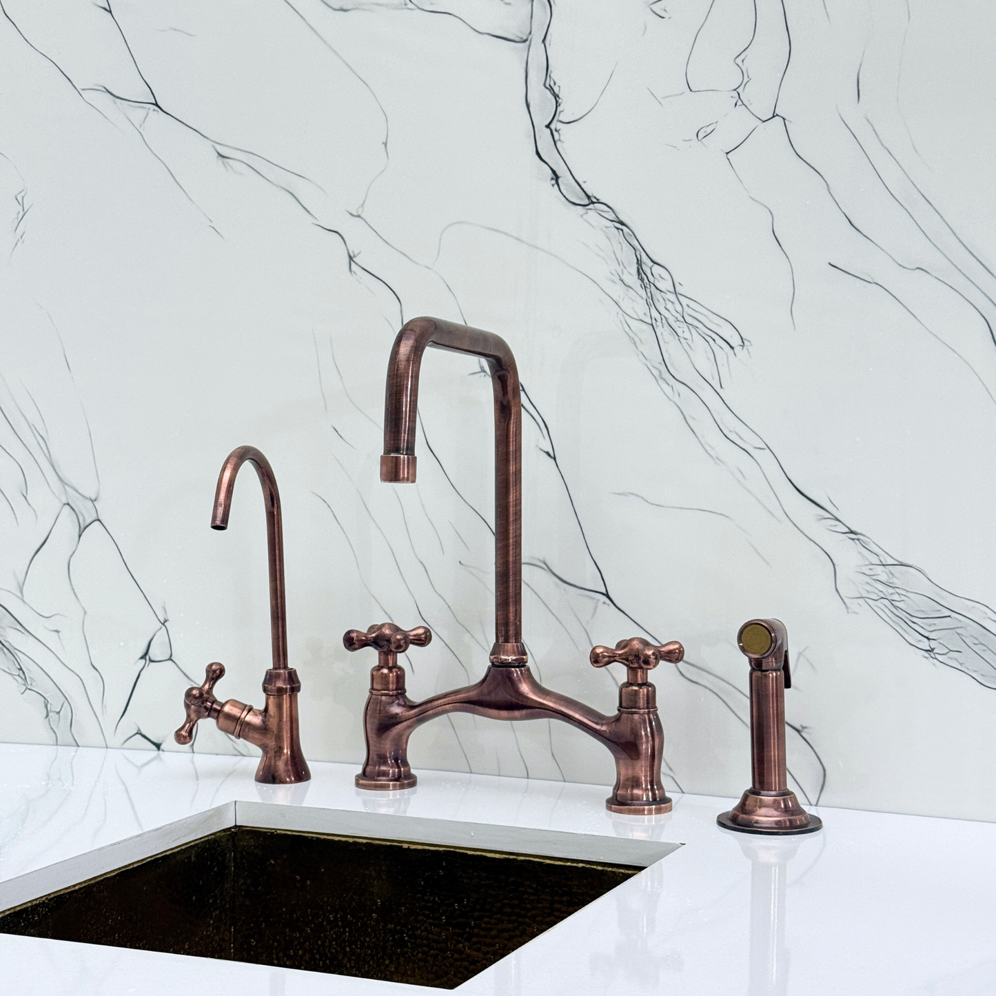 Antique Copper Vintage Bridge Kitchen Faucet with Sprayer, Drinking Water Tap and Cross Handles