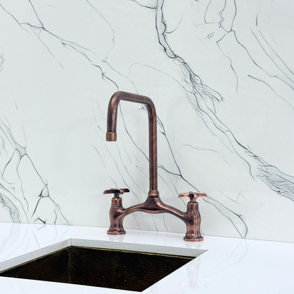 Antique Copper Vintage Bridge Kitchen Faucet with Sprayer, Drinking Water Tap and Cross Handles