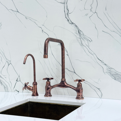 Antique Copper Vintage Bridge Kitchen Faucet with Sprayer, Drinking Water Tap and Cross Handles