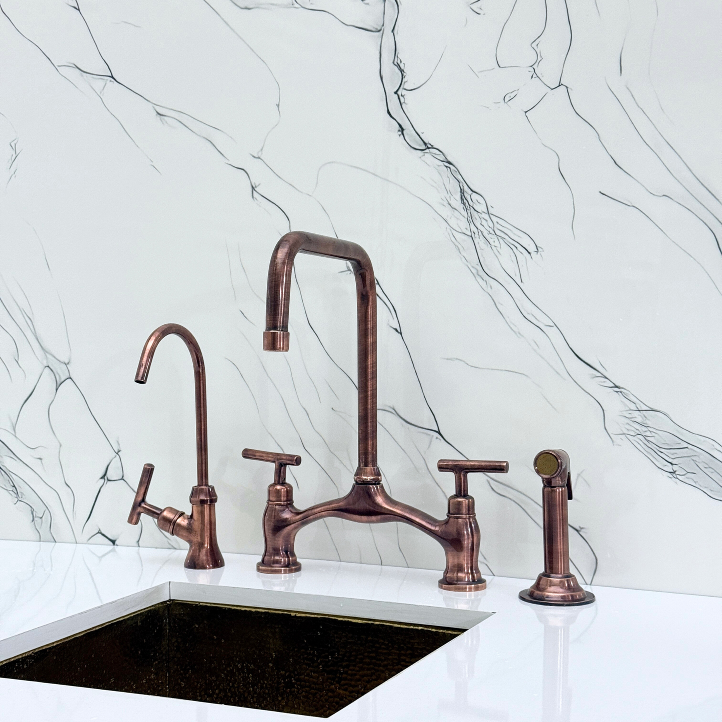 Antique Copper Vintage Bridge Kitchen Faucet with Sprayer, Drinking Water Tap and Lever Handles