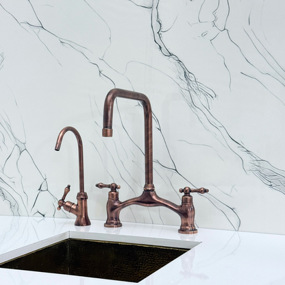 Antique Copper Vintage Bridge Kitchen Faucet with Sprayer, Drinking Water Tap and Lever Handles