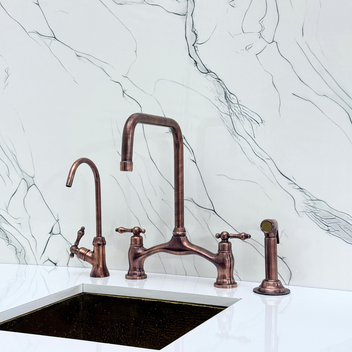 Antique Copper Vintage Bridge Kitchen Faucet with Sprayer, Drinking Water Tap and Lever Handles