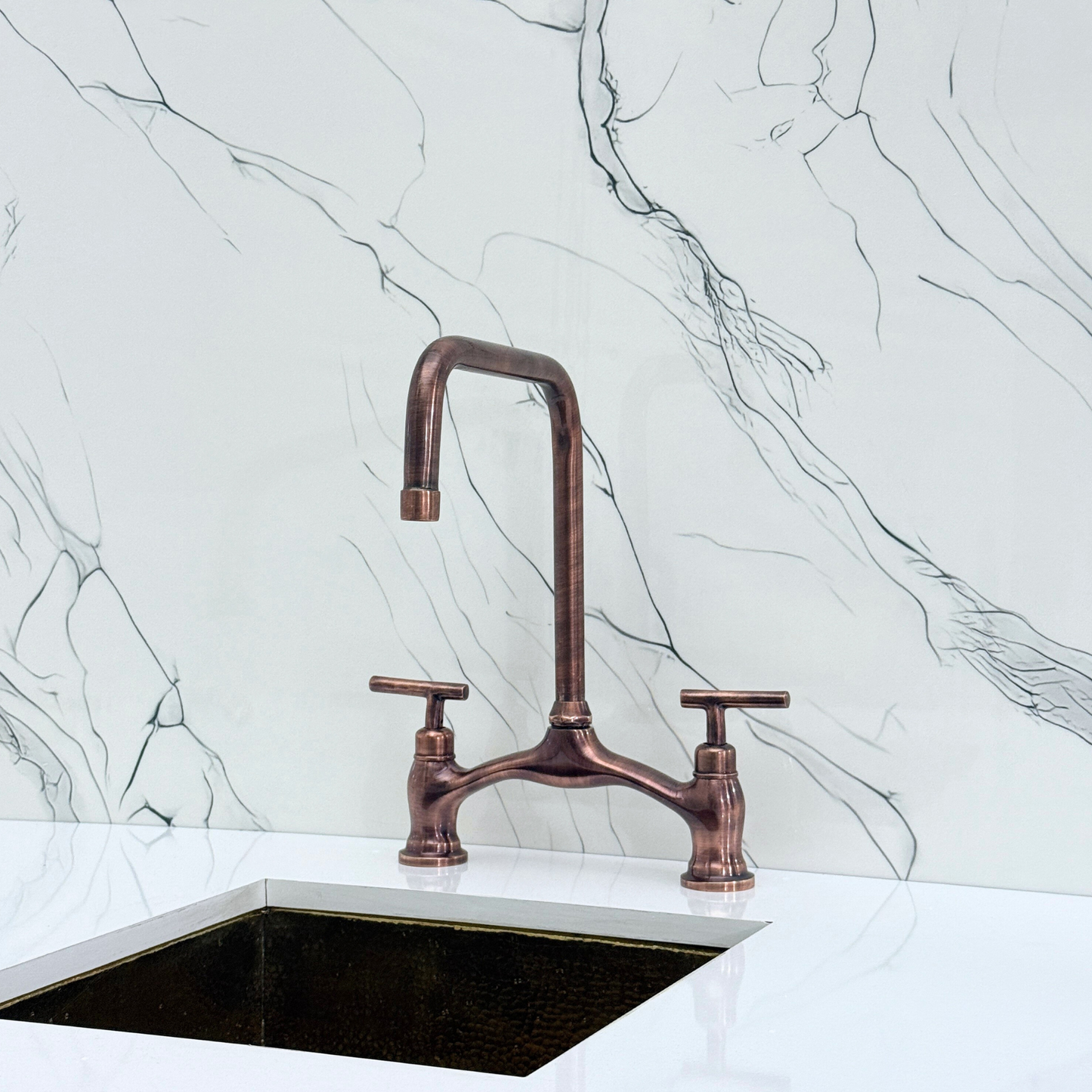 Antique Copper Vintage Bridge Kitchen Faucet with Sprayer, Drinking Water Tap and Lever Handles