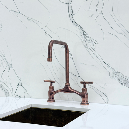 Antique Copper Vintage Bridge Kitchen Faucet with Sprayer, Drinking Water Tap and Lever Handles