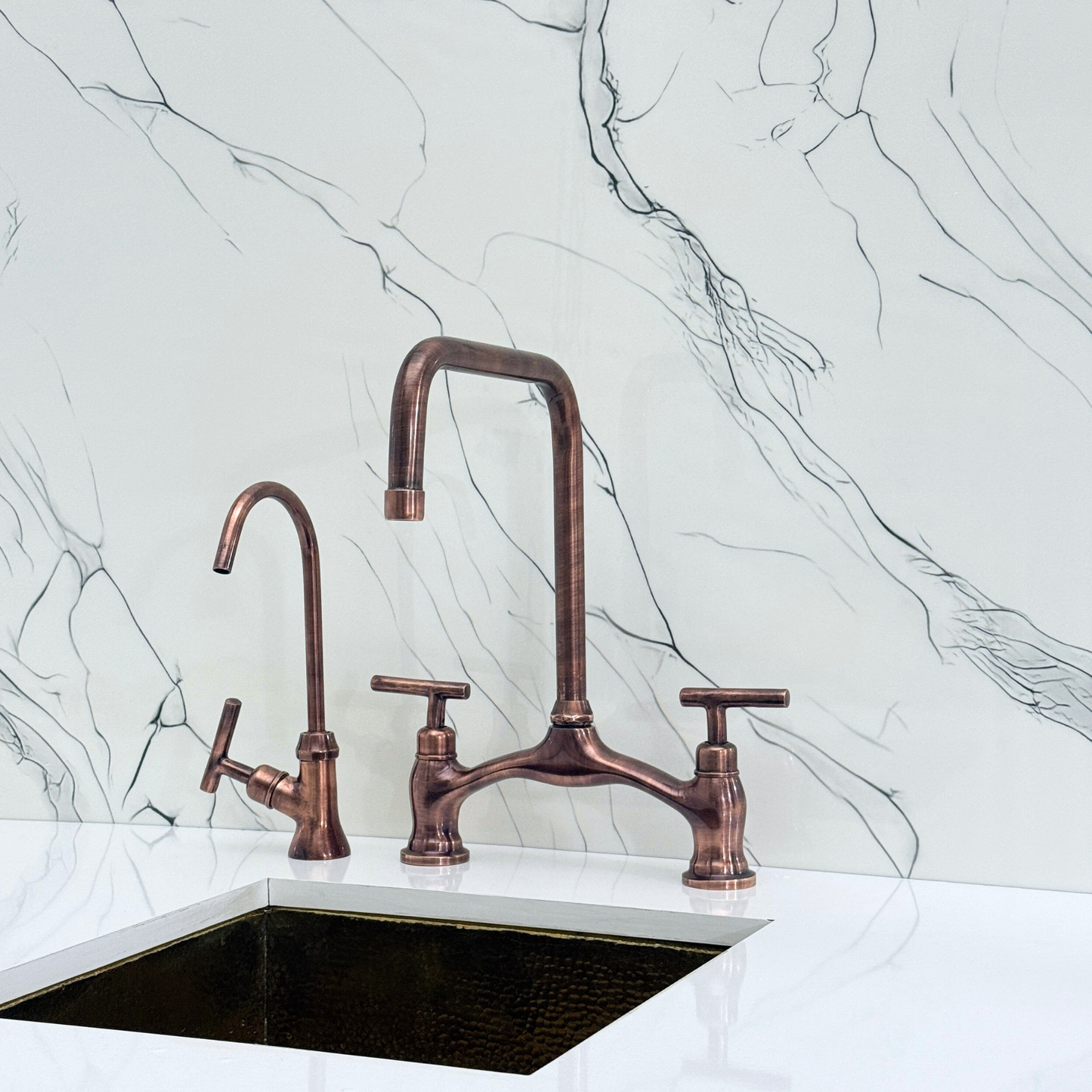 Antique Copper Vintage Bridge Kitchen Faucet with Sprayer, Drinking Water Tap and Lever Handles