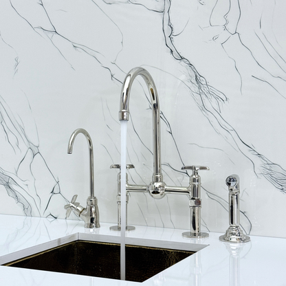 Polished Nickel Kitchen Bridge Faucet with Ball Center, Sprayer, Cold Water Faucet, Straight Legs and Cross Handles