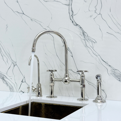 Polished Nickel Kitchen Bridge Faucet with Ball Center, Sprayer, Cold Water Faucet, Straight Legs and Cross Handles