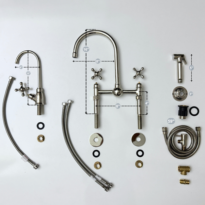 Polished Nickel Kitchen Bridge Faucet with Ball Center, Sprayer, Cold Water Faucet, Straight Legs and Cross Handles