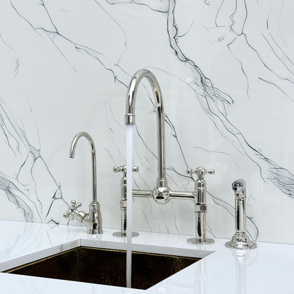 Polished Nickel Kitchen Bridge Faucet with Ball Center, Sprayer, Cold Water Faucet, Straight Legs and Cross Handles