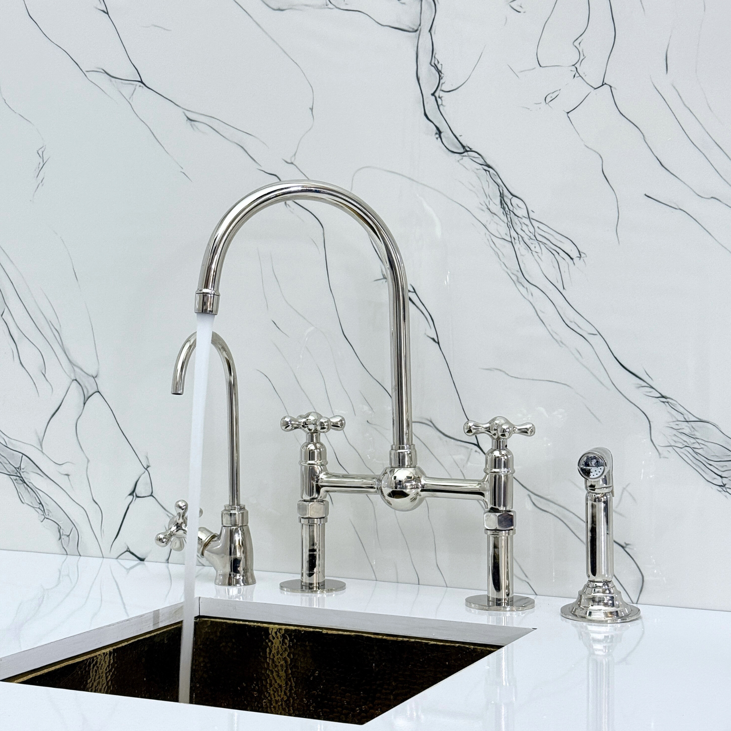 Polished Nickel Kitchen Bridge Faucet with Ball Center, Sprayer, Cold Water Faucet, Straight Legs and Cross Handles