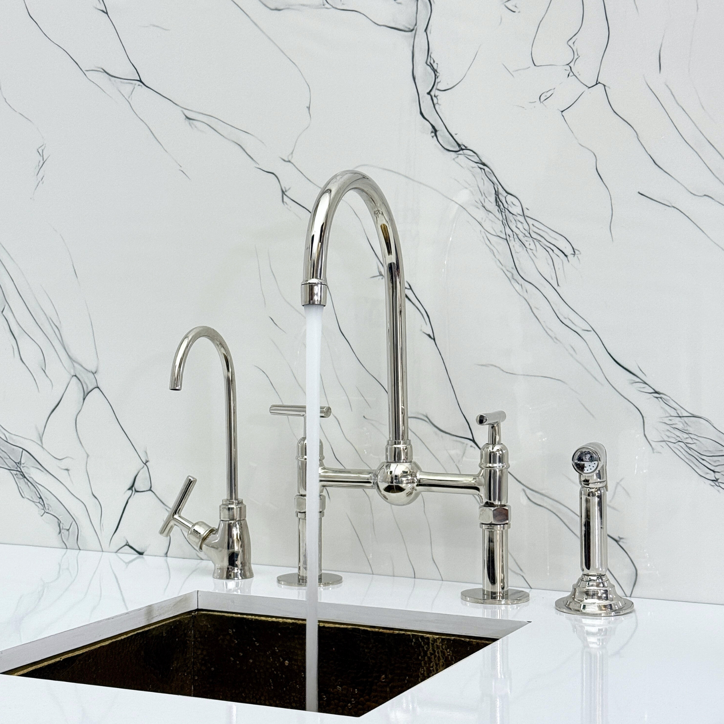 Polished Nickel Kitchen Bridge Faucet with Ball Center, Sprayer, Cold Water Faucet, Straight Legs and Lever Handles