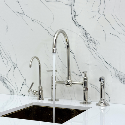 Polished Nickel Kitchen Bridge Faucet with Ball Center, Sprayer, Cold Water Faucet, Straight Legs and Lever Handles