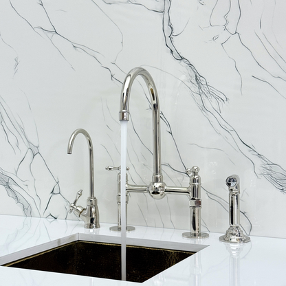 Polished Nickel Kitchen Bridge Faucet with Ball Center, Sprayer, Cold Water Faucet, Straight Legs and Lever Handles