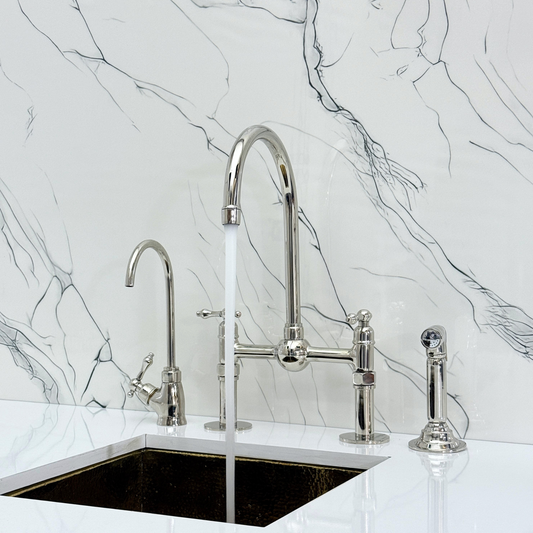 Polished Nickel Kitchen Bridge Faucet with Ball Center, Sprayer, Cold Water Faucet, Straight Legs and Lever Handles