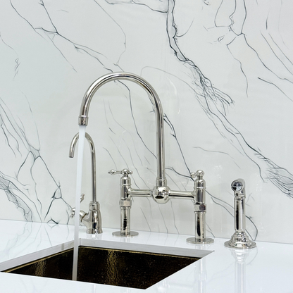 Polished Nickel Kitchen Bridge Faucet with Ball Center, Sprayer, Cold Water Faucet, Straight Legs and Lever Handles