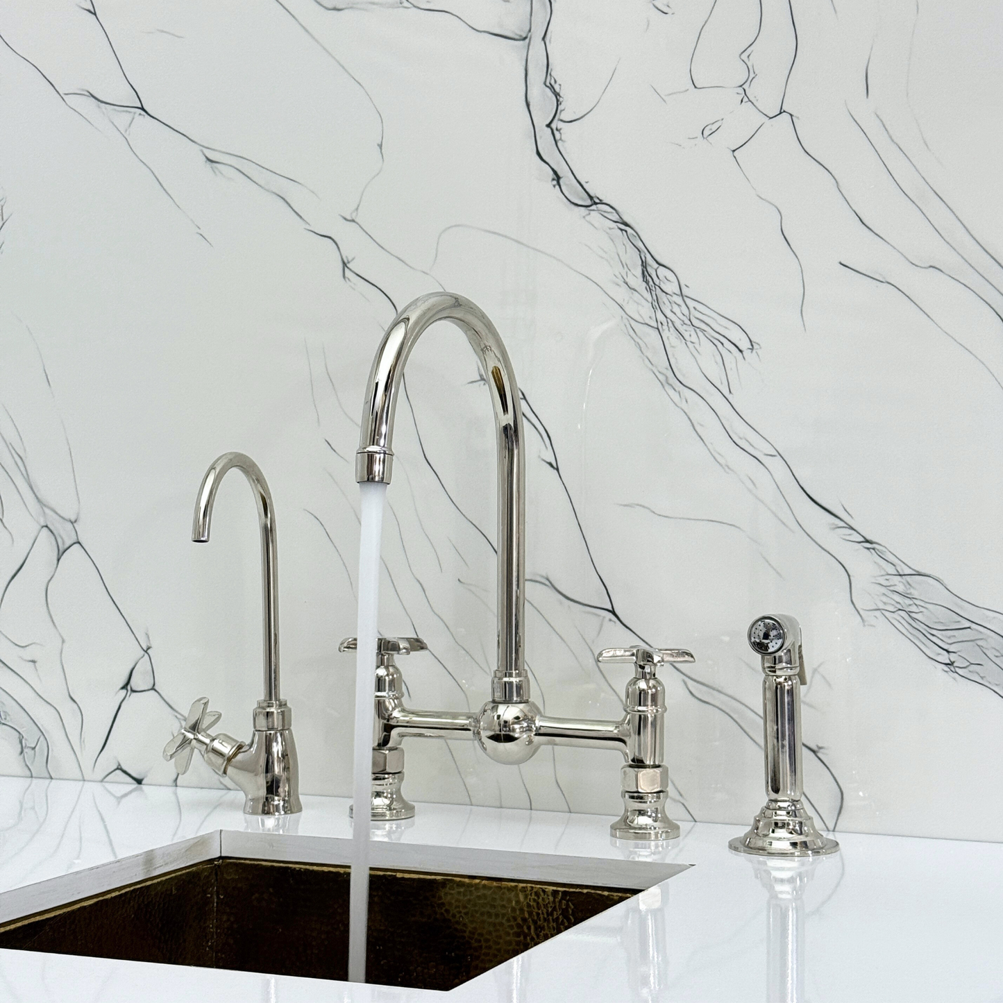 Polished Nickel Bridge Kitchen Faucet with Sprayer, Cold Water Faucet and Cross Handles