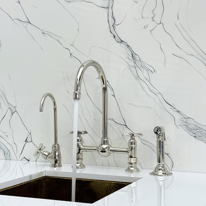 Polished Nickel Bridge Kitchen Faucet with Sprayer, Cold Water Faucet and Cross Handles