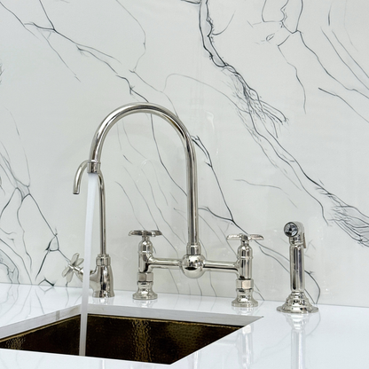 Polished Nickel Bridge Kitchen Faucet with Sprayer, Cold Water Faucet and Cross Handles