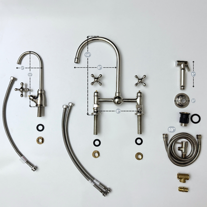 Polished Nickel Bridge Kitchen Faucet with Sprayer, Cold Water Faucet and Cross Handles