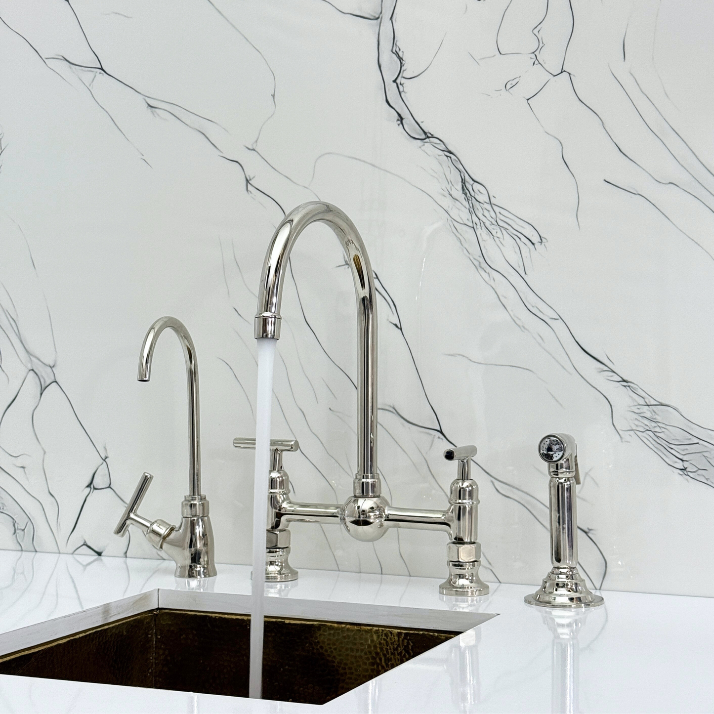 Polished Nickel Bridge Kitchen Faucet with Sprayer, Cold Water Faucet and Lever Handles