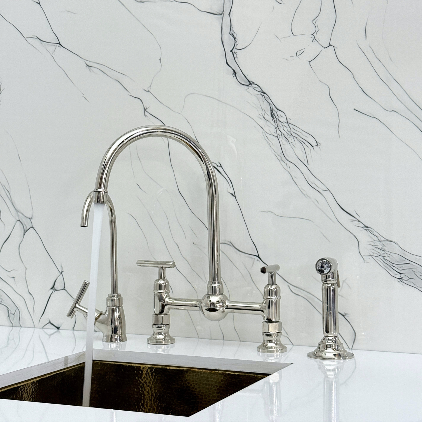Polished Nickel Bridge Kitchen Faucet with Sprayer, Cold Water Faucet and Lever Handles