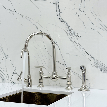 Polished Nickel Bridge Kitchen Faucet with Sprayer, Cold Water Faucet and Lever Handles