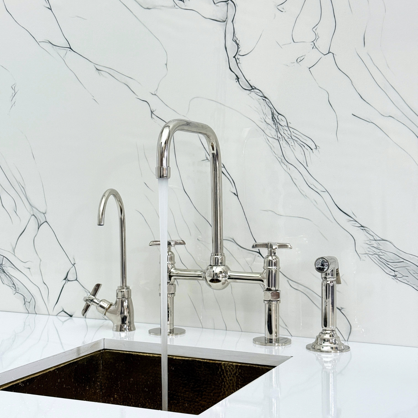 Polished Nickel Classic Bridge Faucet with Ball Center, Straight Legs, Sprayer, Cold Water Faucet and Cross Handles