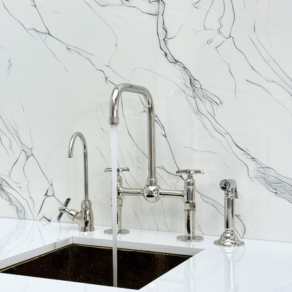 Polished Nickel Classic Bridge Faucet with Ball Center, Straight Legs, Sprayer, Cold Water Faucet and Cross Handles