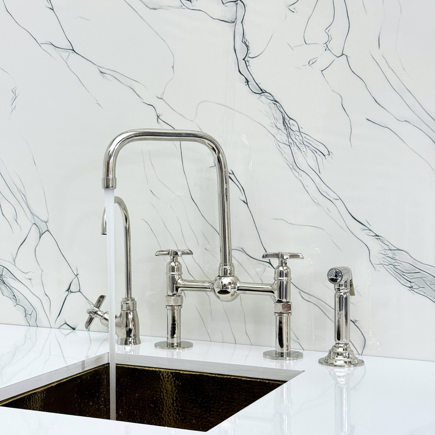 Polished Nickel Classic Bridge Faucet with Ball Center, Straight Legs, Sprayer, Cold Water Faucet and Cross Handles