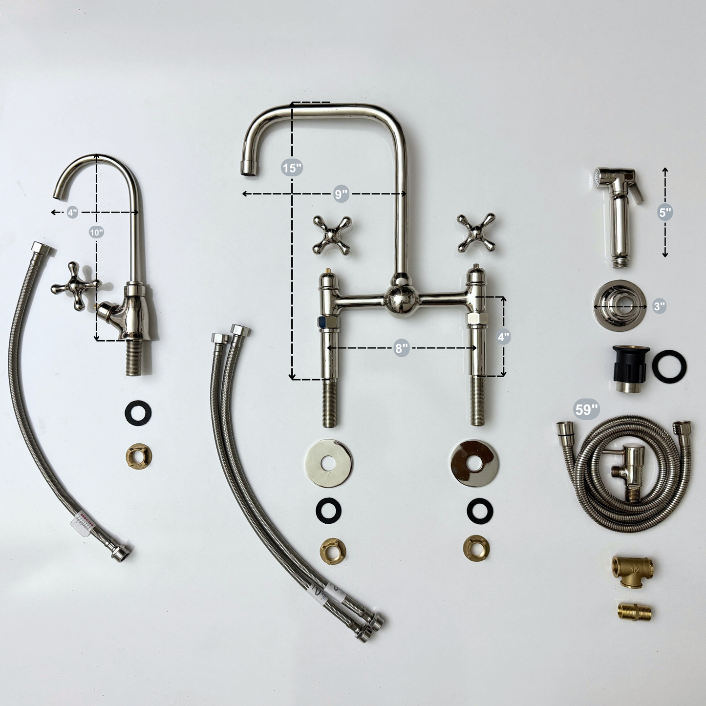 Polished Nickel Classic Bridge Faucet with Ball Center, Straight Legs, Sprayer, Cold Water Faucet and Cross Handles