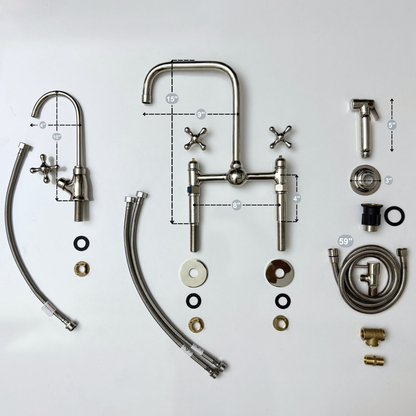 Polished Nickel Classic Bridge Faucet with Ball Center, Straight Legs, Sprayer, Cold Water Faucet and Cross Handles