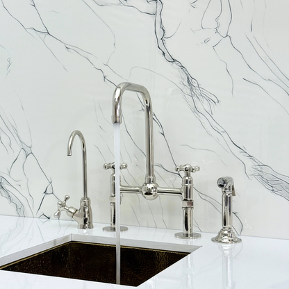 Polished Nickel Classic Bridge Faucet with Ball Center, Straight Legs, Sprayer, Cold Water Faucet and Cross Handles