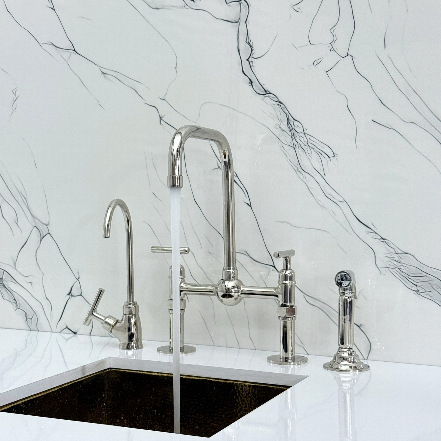 Polished Nickel Classic Bridge Faucet with Ball Center, Straight Legs, Sprayer, Cold Water Faucet and Lever Handles