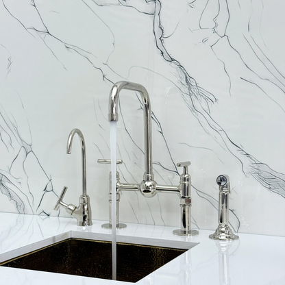 Polished Nickel Classic Bridge Faucet with Ball Center, Straight Legs, Sprayer, Cold Water Faucet and Lever Handles