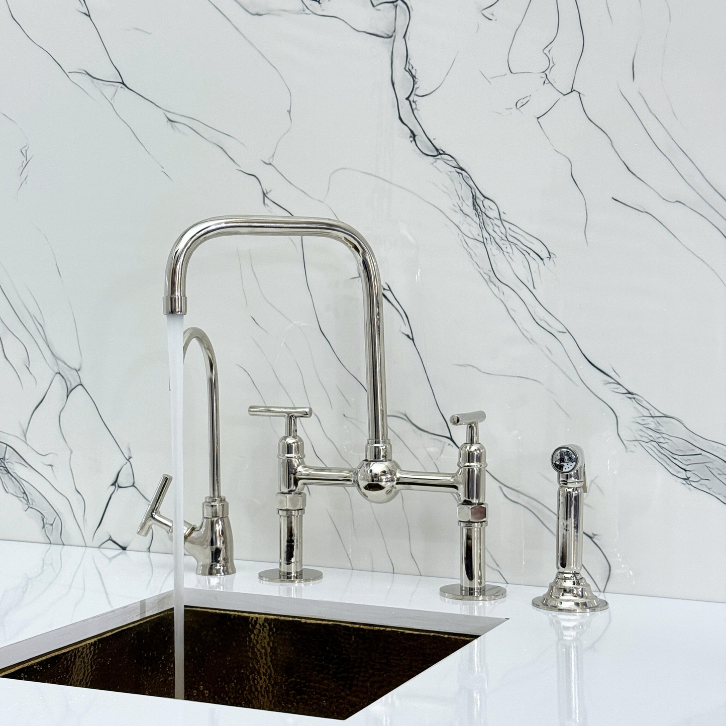 Polished Nickel Classic Bridge Faucet with Ball Center, Straight Legs, Sprayer, Cold Water Faucet and Lever Handles