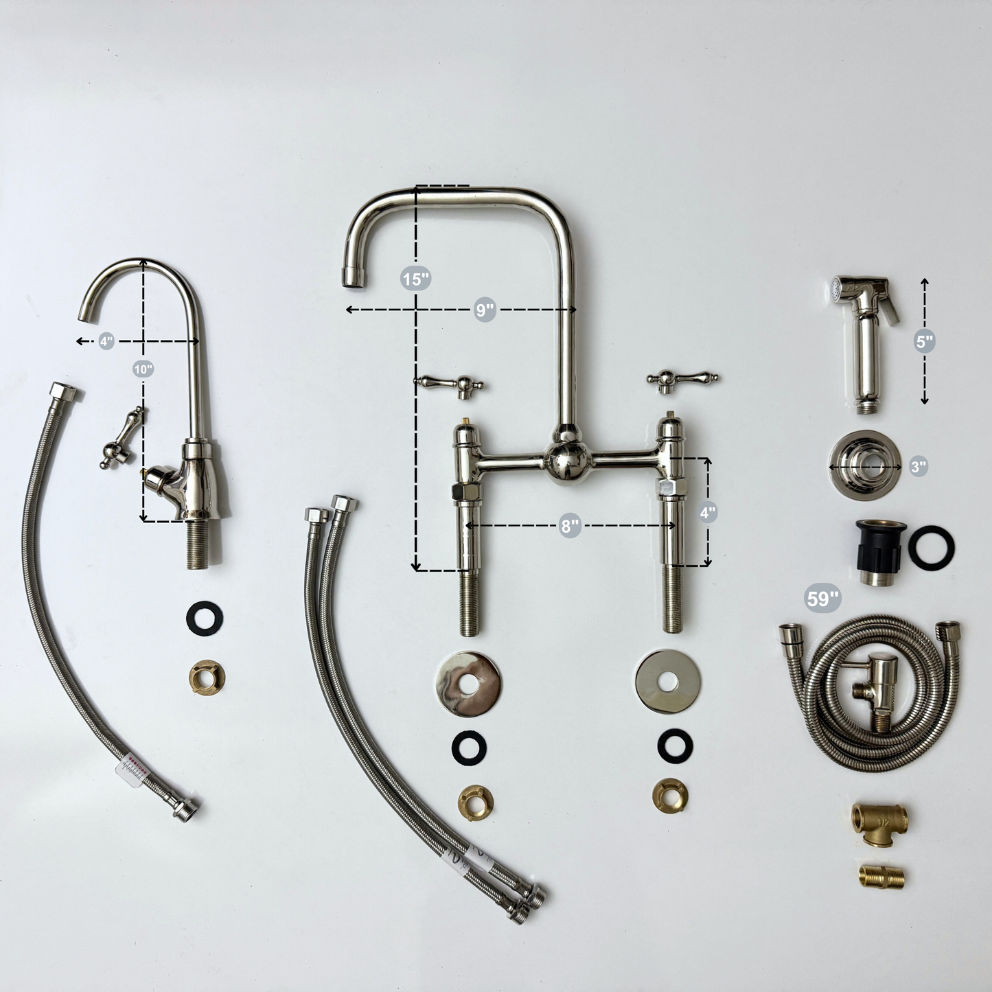 Polished Nickel Classic Bridge Faucet with Ball Center, Straight Legs, Sprayer, Cold Water Faucet and Lever Handles