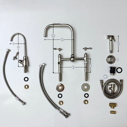 Polished Nickel Classic Bridge Faucet with Ball Center, Straight Legs, Sprayer, Cold Water Faucet and Lever Handles