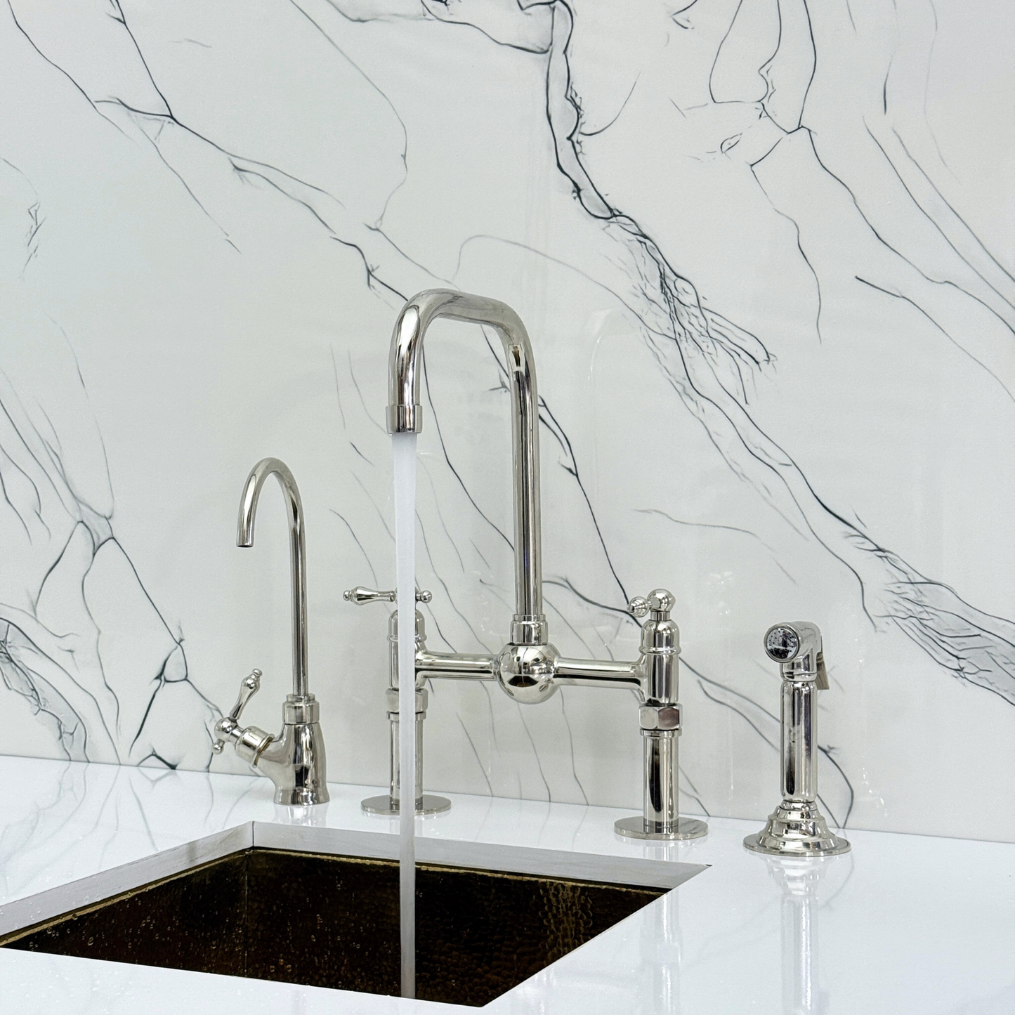 Polished Nickel Classic Bridge Faucet with Ball Center, Straight Legs, Sprayer, Cold Water Faucet and Lever Handles