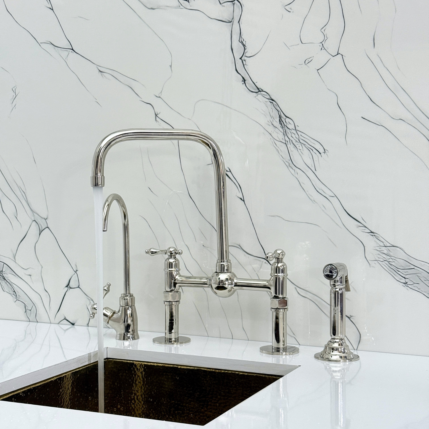 Polished Nickel Classic Bridge Faucet with Ball Center, Straight Legs, Sprayer, Cold Water Faucet and Lever Handles