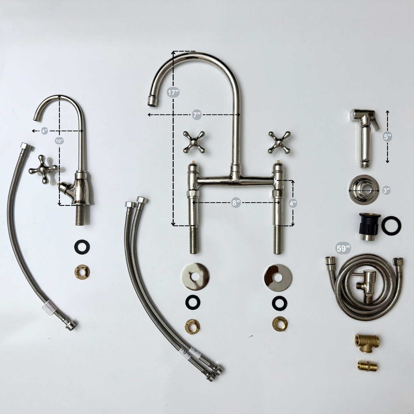 Polished Nickel Kitchen Bridge Faucet with Sprayer, Cold Water Faucet and Cross Handles