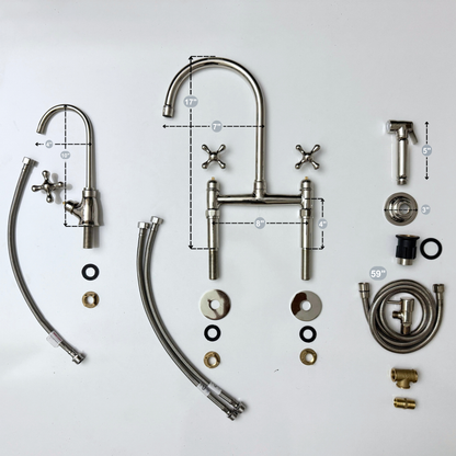 Polished Nickel Kitchen Bridge Faucet with Sprayer, Cold Water Faucet and Cross Handles