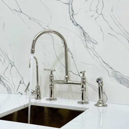 Polished Nickel Kitchen Bridge Faucet with Sprayer, Cold Water Faucet and Lever Handles