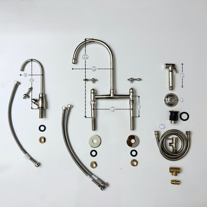 Polished Nickel Kitchen Bridge Faucet with Sprayer, Cold Water Faucet and Lever Handles