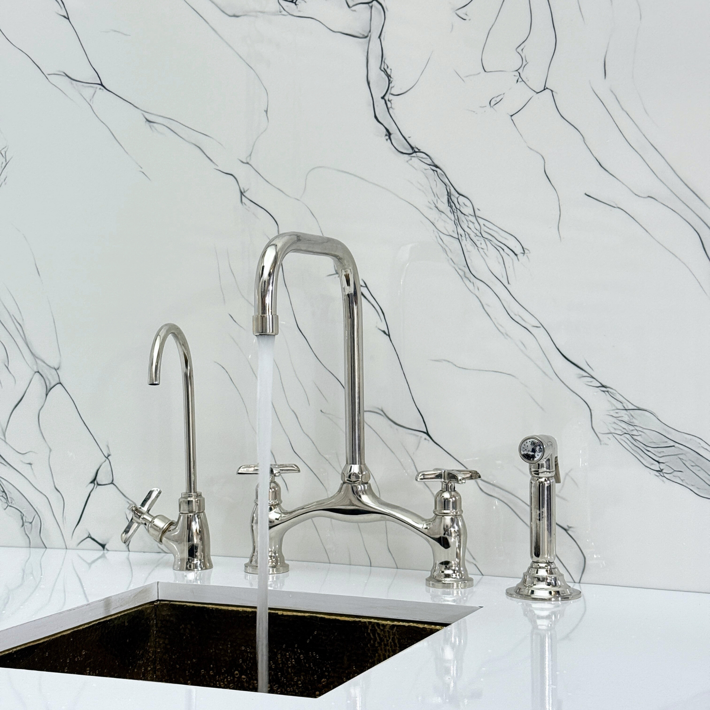Polished Nickel Vintage Bridge Kitchen Faucet with Sprayer, Drinking Water Tap and Cross Handles