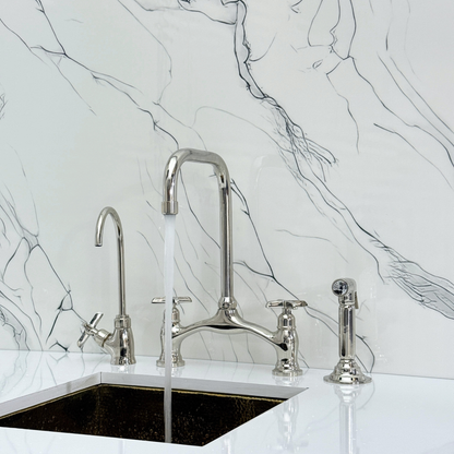Polished Nickel Vintage Bridge Kitchen Faucet with Sprayer, Drinking Water Tap and Cross Handles