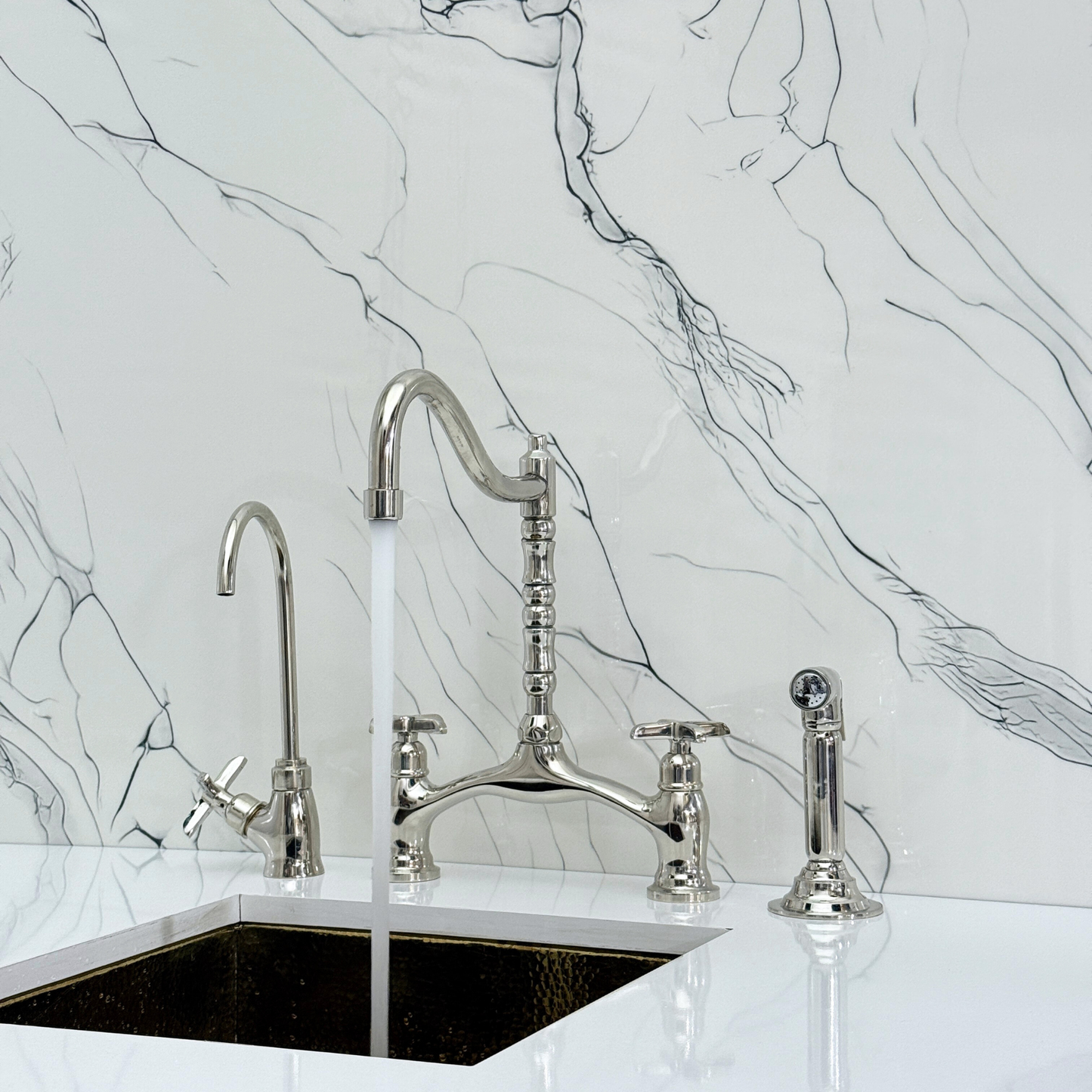 Polished Nickel Victorian Bridge Kitchen Faucet with Sprayer, Drinking Water Tap and Cross Handles