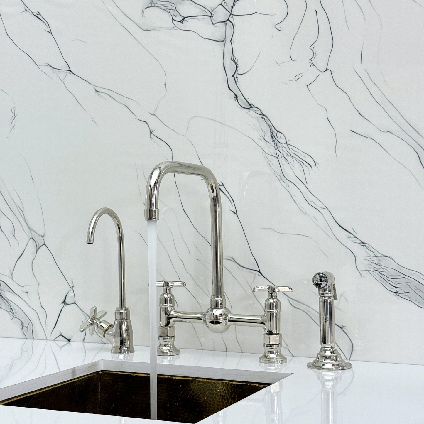 Polished Nickel Classic Bridge Faucet with Ball Center, Sprayer, Cold Water Faucet and Cross Handles