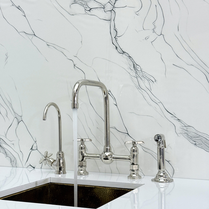 Polished Nickel Classic Bridge Faucet with Ball Center, Sprayer, Cold Water Faucet and Cross Handles