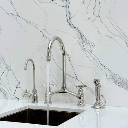 Polished Nickel Kitchen Bridge Faucet with Drinking Water Tap, Sprayer, and Cross Handles
