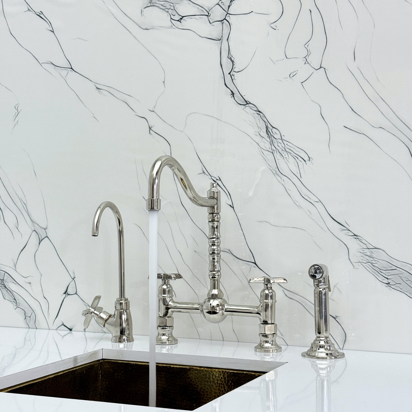 Polished Nickel Victorian Bridge Faucet with Ball Center, Sprayer, Cold Water Faucet, and Cross Handles